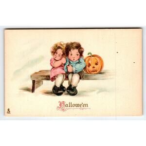 Vintage 1910s Halloween Postcard with Children & Jack-O'-Lantern by Tuck 803
